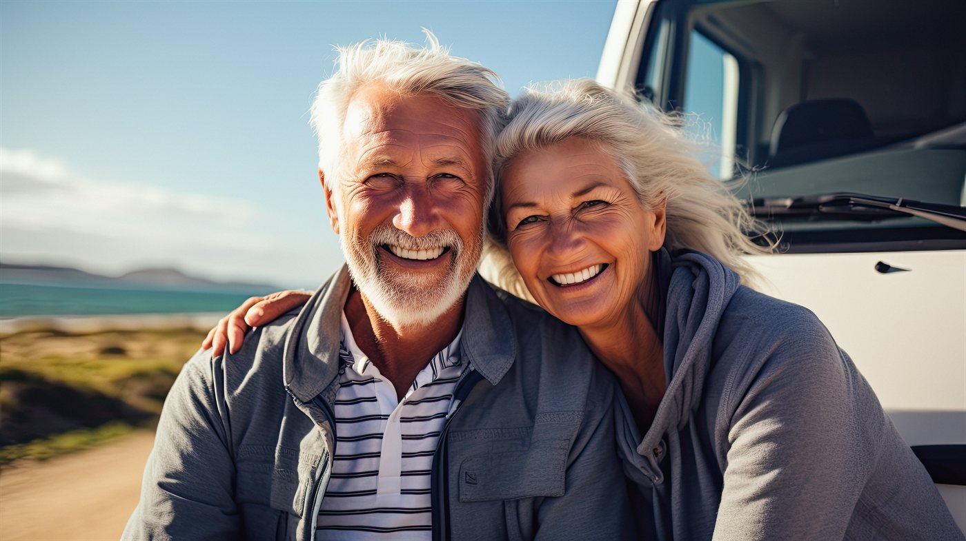 An older couple together on the beach