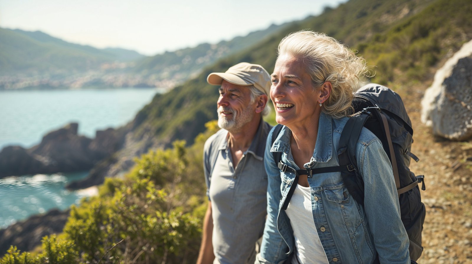 An older couple hiking a coastal trail on a sunny day